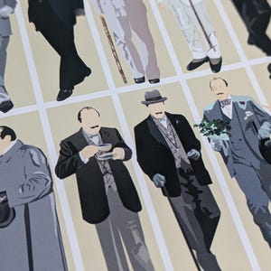 May include: A print featuring illustrations of men in formal wear, such as suits and coats, in a minimalist style. The color scheme is primarily grey, black, and beige. Some figures are shown with accessories like a cane, a teacup, and a small bouquet.