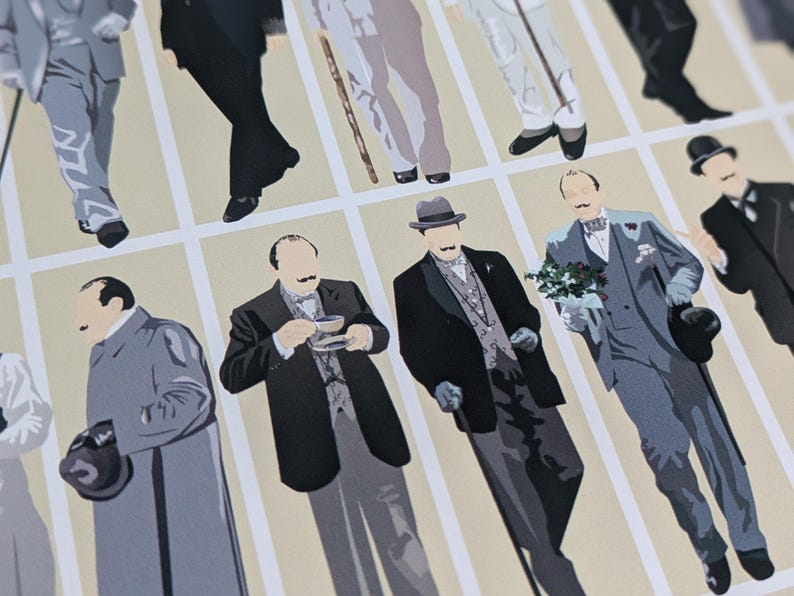 May include: A print featuring illustrations of men in formal wear, such as suits and coats, in a minimalist style. The color scheme is primarily grey, black, and beige. Some figures are shown with accessories like a cane, a teacup, and a small bouquet.