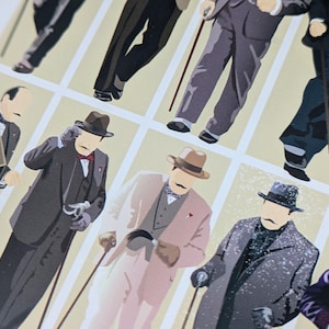 May include: An illustration featuring multiple figures in suits and hats, each with a mustache and cane. The figures are depicted in shades of grey, pink, and black, set against a pale yellow backdrop.