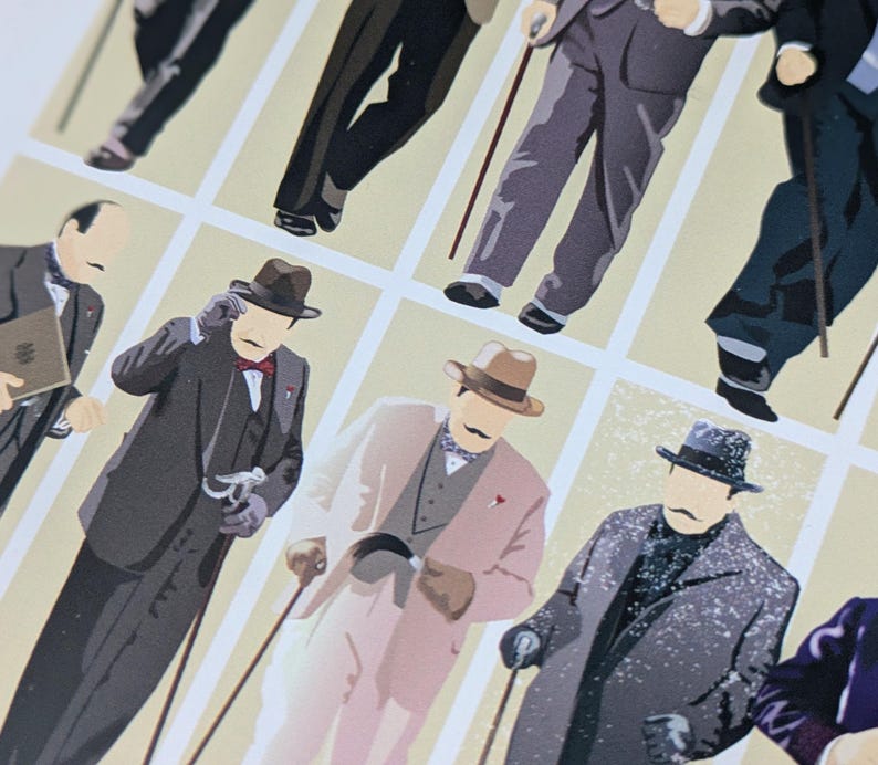 May include: An illustration featuring multiple figures in suits and hats, each with a mustache and cane. The figures are depicted in shades of grey, pink, and black, set against a pale yellow backdrop.