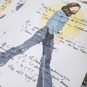 May include: A hand-drawn illustration of a person in a blue shirt and blue jeans. The person is standing with their right leg bent and their left leg straight. The illustration is on a white background with handwritten notes around the figure.