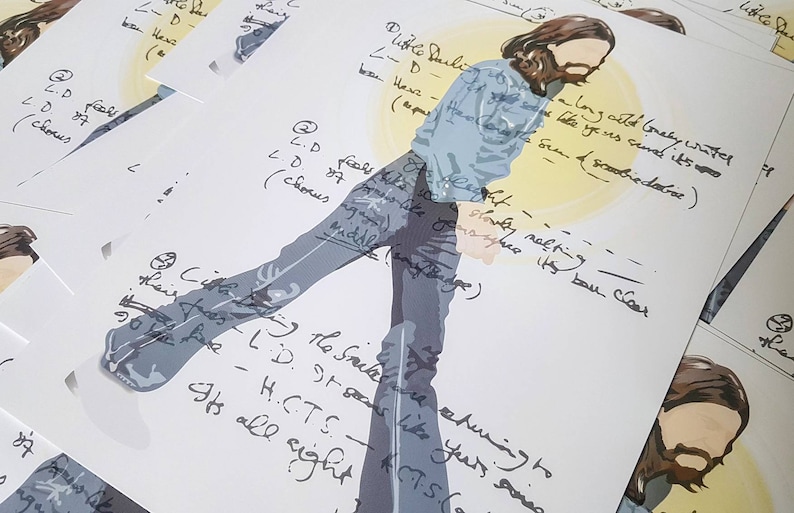 May include: A hand-drawn illustration of a person in a blue shirt and blue jeans. The person is standing with their right leg bent and their left leg straight. The illustration is on a white background with handwritten notes around the figure.