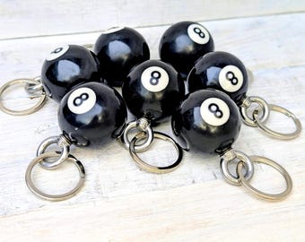 8 BALL Black Number Lucky 8 Mini Pool Billiard Ball Bag Charm Upcycled Key Ring Handmade