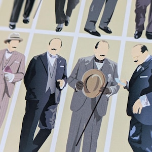 May include: A print featuring illustrations of men in formal suits, complete with hats and moustaches. The artwork uses a palette of grey, blue, and beige tones, evoking a vintage style. Some figures hold canes or accessories.