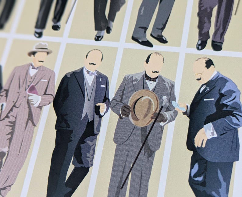 May include: A print featuring illustrations of men in formal suits, complete with hats and moustaches. The artwork uses a palette of grey, blue, and beige tones, evoking a vintage style. Some figures hold canes or accessories.