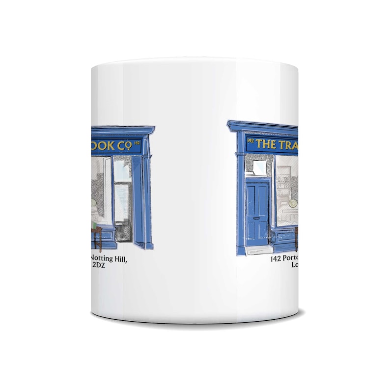 May include: White ceramic mug featuring a detailed illustration of a bookstore facade in blue and white. The mug has the text "THE TRAVEL BOOK CO" and "142 Portobello Rd, London" printed on it. A charming gift for book lovers.