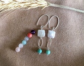 Pearl square coin natural genuine turquoise gemstone dangle sterling silver bridesmaid wedding jewelry earrings