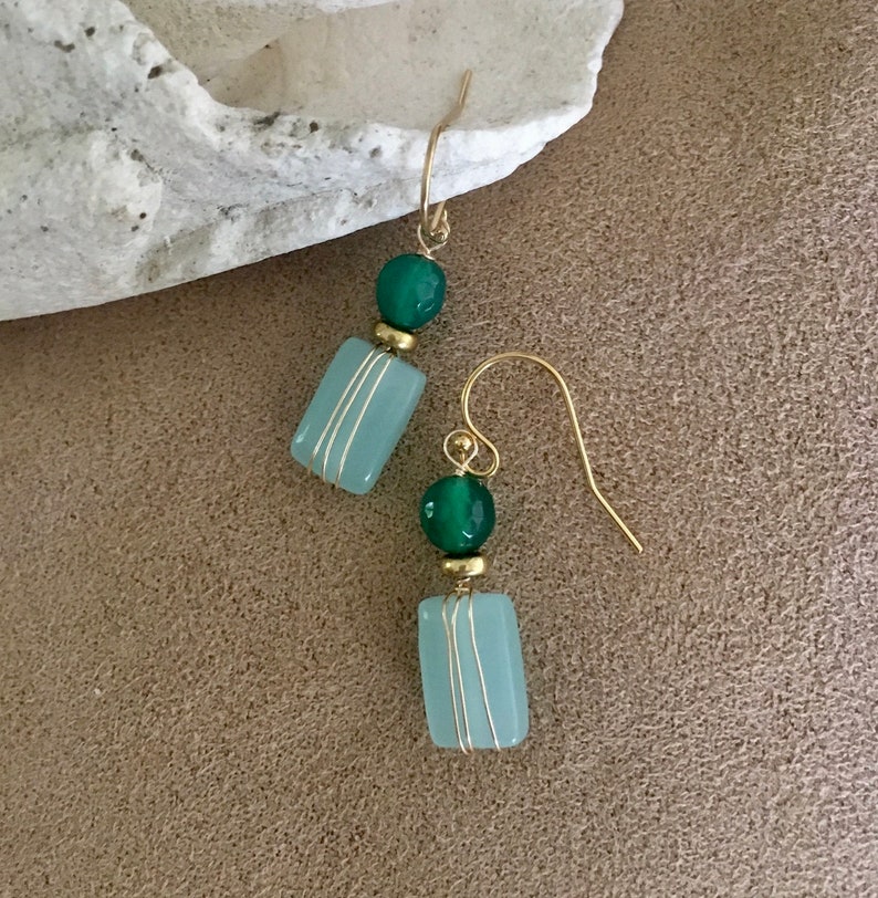 Aqua Chalcedony Green Jade 14kgf small dangle earrings wire wrapped gift for her