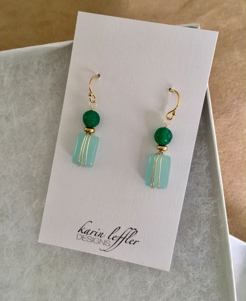 Aqua Chalcedony Green Jade 14kgf small dangle earrings wire wrapped gift for her