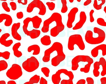 May include: A repeating pattern of bright red leopard spots on a stark white background. The design features irregular, organic shapes characteristic of animal print, distributed evenly across the entire surface of the image.