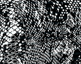 May include: Black and white abstract pattern with a snakeskin texture. The pattern is made up of repeating geometric shapes.