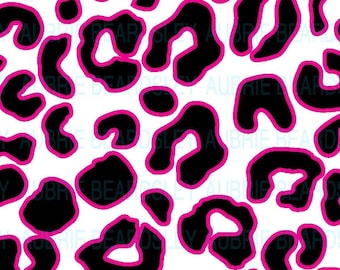 May include: A seamless pattern featuring a leopard print design with black spots outlined in hot pink on a white background.
