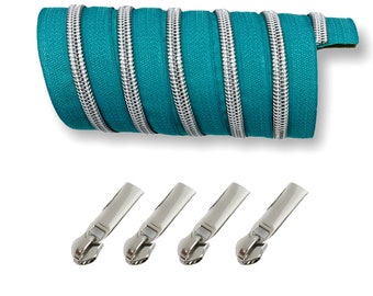 Silber metallisierter endlos Reißverschluss - inklusive 4 Zipper - hellpetrol