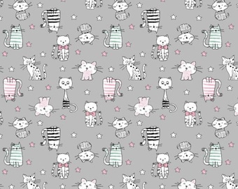 Stoff - Baumwollstoff - SHINING KITTY grau