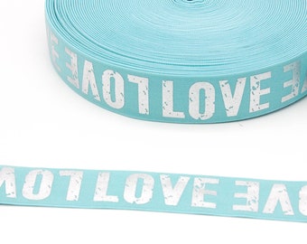 Reststück 70cm Elastic-Band mit silber Print LOVE 40mm türkis