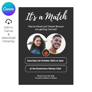 Tinder Matched Card Einladung Save the Date Hochzeit Canva Vorlage Druckbare PDF-Download