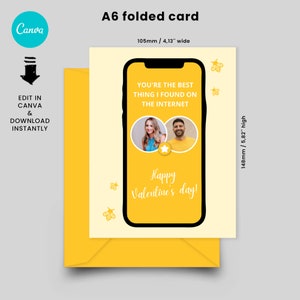Puede incluir: Una tarjeta doblada de color amarillo y crema con un gráfico de teléfono inteligente. La pantalla del teléfono muestra el texto "You're the best thing I found on the internet." con dos fotos de perfil y una estrella. El texto "Happy Valentine's day!" está debajo de las fotos. Hay pequeños gráficos de abejas en la tarjeta.