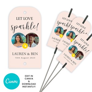 Könnte beinhalten: Rosa Hochzeitssparkler mit einem Foto eines Paares und dem Text "Let Love Sparkle!"  "Lauren & Ben"  "10th August 2023"