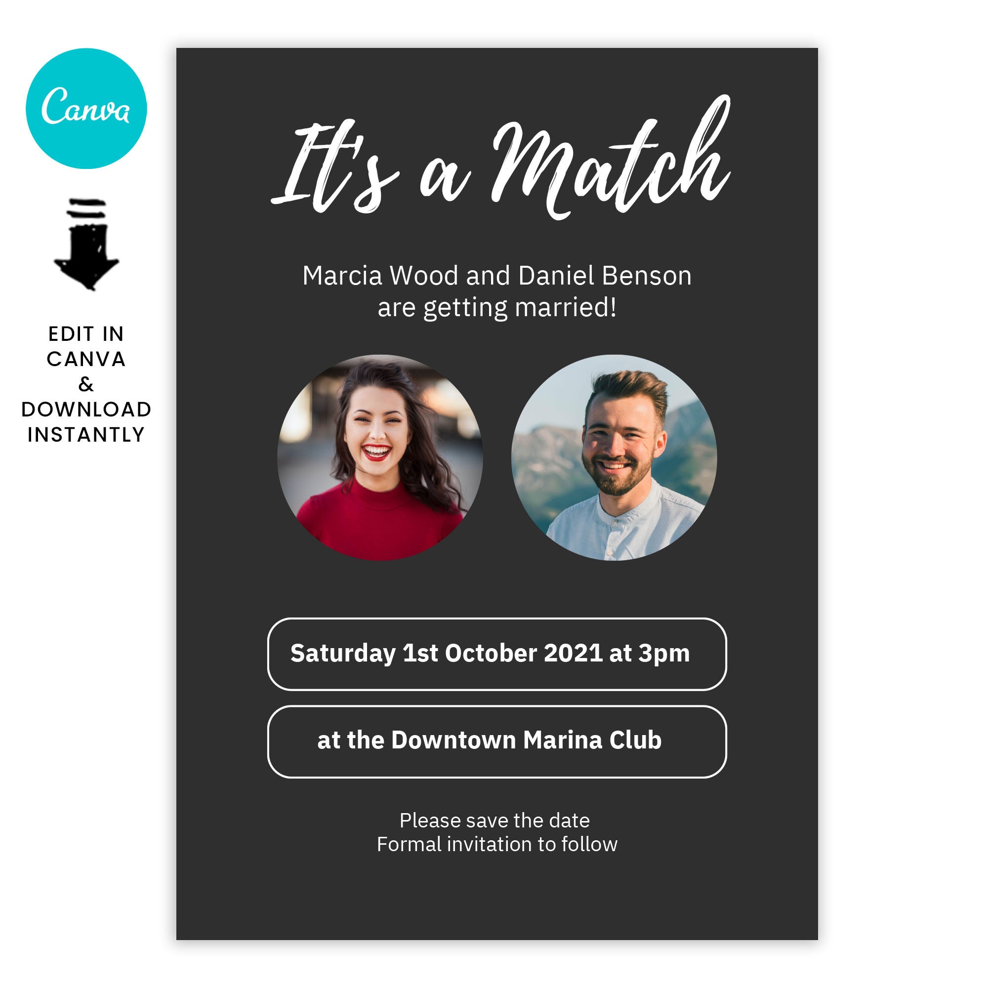Tinder Matched Card Invitation Save The Date Wedding Canva Template 