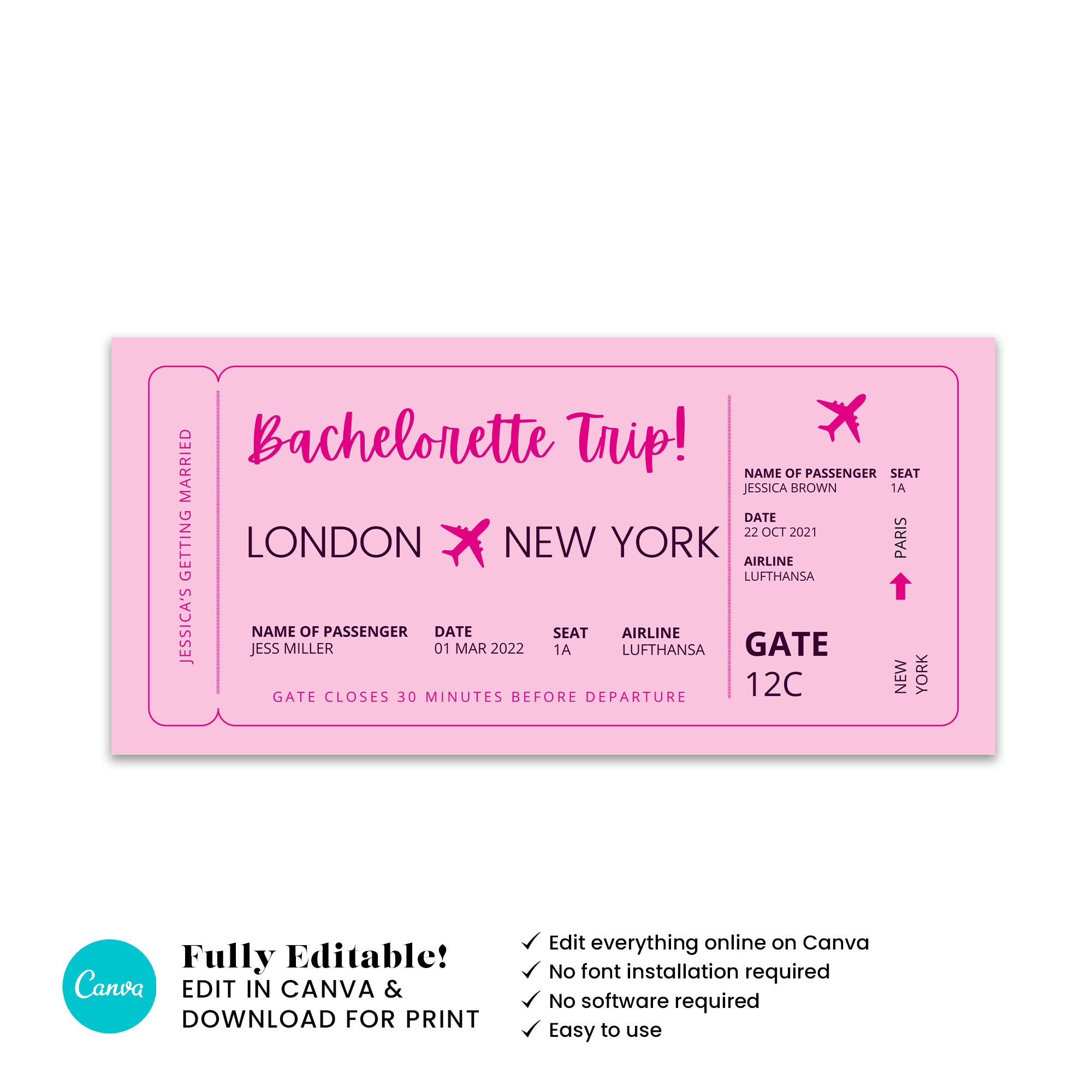 Plane Ticket Template Surprise Bachelorette Gift Etsy