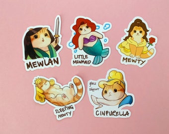 Disney Princess Vinyl Sticker Set of 5 - Mulan - Little Mermaid - Ariel - Beauty and Beast - Belle - Aurora - Cinderella - Gift for Girls