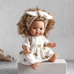 28-36 cm high Minikane dolls | Muslin dress cream with mustard lemons | Miniland clothes, Baby doll dress, Easter toddler gift