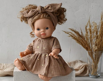Rosa/creme/camelfarbenes Musselin-Kleid mit goldenen Sternen | Minikane Kleidung, Miniland Kleidung, Baby Puppenkleid, Kleinkind Geschenk Ostern
