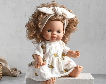 28-36 cm große Minikane Puppen | Musselin Kleidchen creme mit Senf Zitronen | Miniland Kleidung, Baby Puppenkleid, Kleinkind Geschenk Ostern