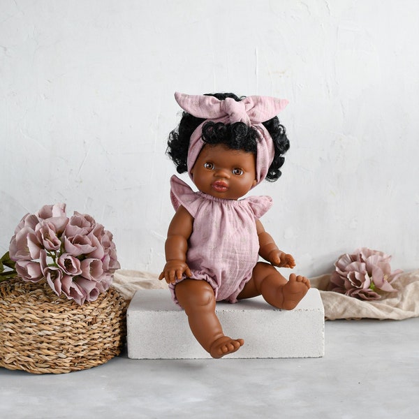 Muslin romper dusty pink with golden dots | Minikane doll clothes, Miniland doll clothes, Vêtement poupée paola reina