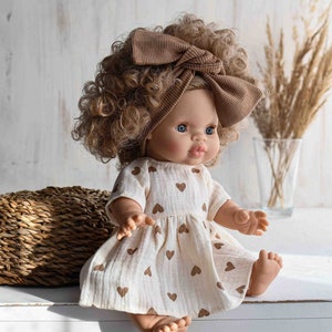 28-36 cm high Minikane dolls | Muslin dress cream with brown hearts | Miniland clothes, Baby doll dress, Easter toddler gift