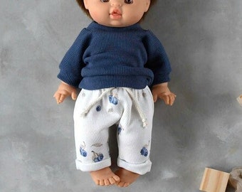 2 Stück Set Jeans Rib Jersey Sweatshirt und Baggy mit Blaubeere | Minikane Puppenkleidung, Vêtement poupée paola reina,