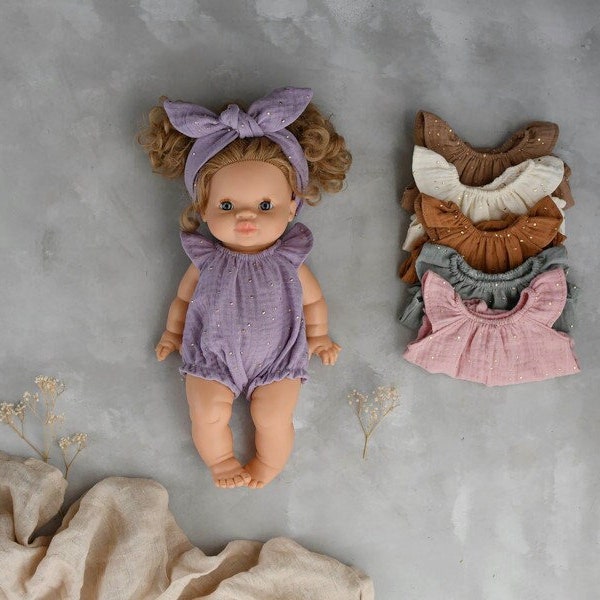 Romper muselina con lunares dorados / ropa Minikane, ropa Miniland, vestido de muñeca bebé, regalo para niños pequeños de Pascua
