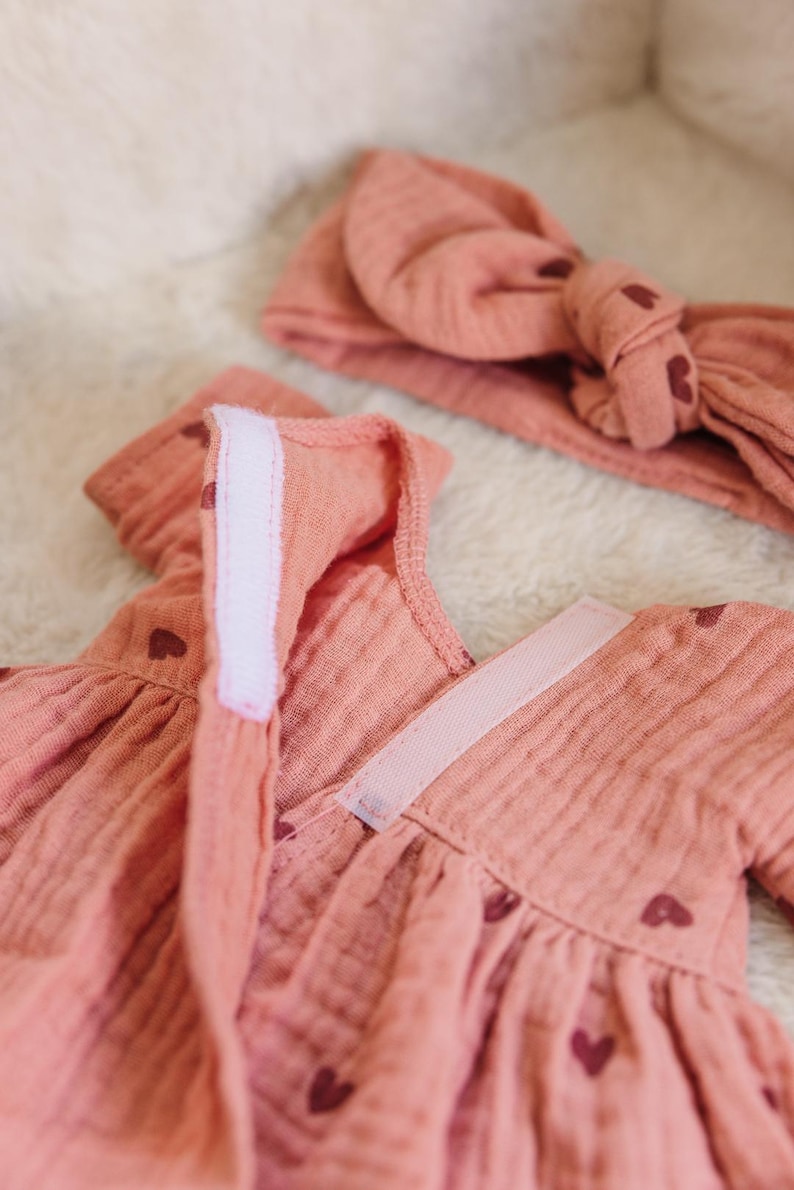 Paola Reina clothes for Minikane Gordis doll, marsala pink muslin dress with hearts image 8
