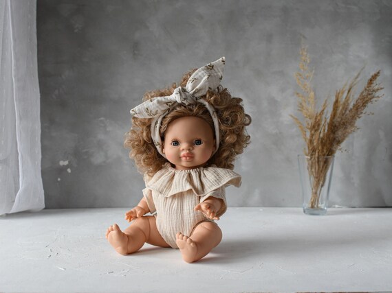 Collar Beige Muslin Romper Minikane Doll Clothes, Miniland Doll