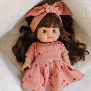 Paola Reina clothes for Minikane Gordis doll, marsala pink muslin dress with hearts image 4