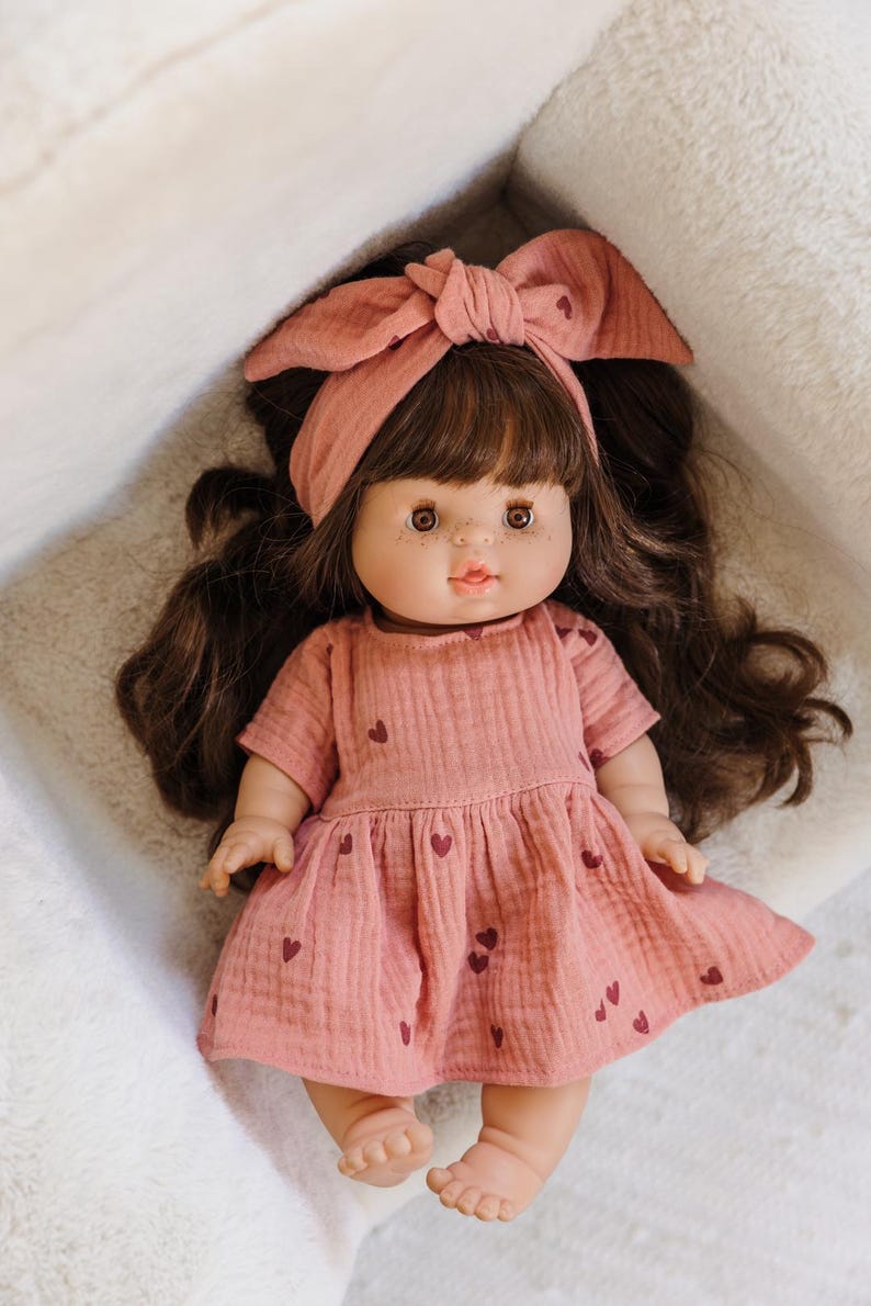 Paola Reina clothes for Minikane Gordis doll, marsala pink muslin dress with hearts image 4