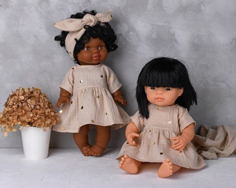 Poupées Minikane Miniland de 28 à 36 cm de haut | Robe en mousseline beige avec coeurs dorés | Vêtements Miniland, Robe baby doll