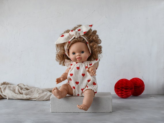 Muslin Romper Hearts on Cream Minikane Doll Clothes, Miniland Doll
