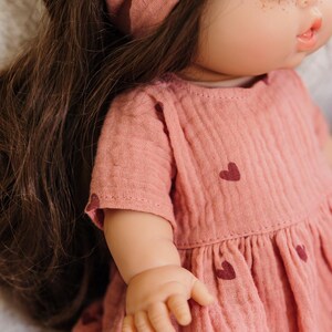 Paola Reina clothes for Minikane Gordis doll, marsala pink muslin dress with hearts image 7