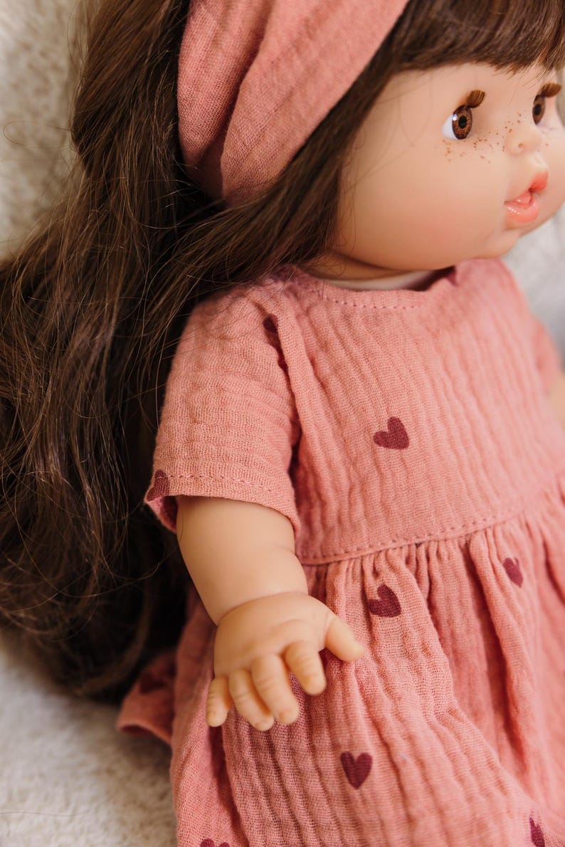 Paola Reina clothes for Minikane Gordis doll, marsala pink muslin dress with hearts image 7