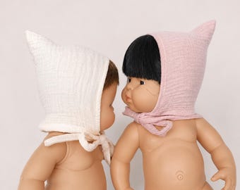 Muslin doll bonnet hat,  Paola Reina Minikane Gordis Doll Clothes (28-34 cm)