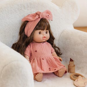 Paola Reina clothes for Minikane Gordis doll, marsala pink muslin dress with hearts image 5