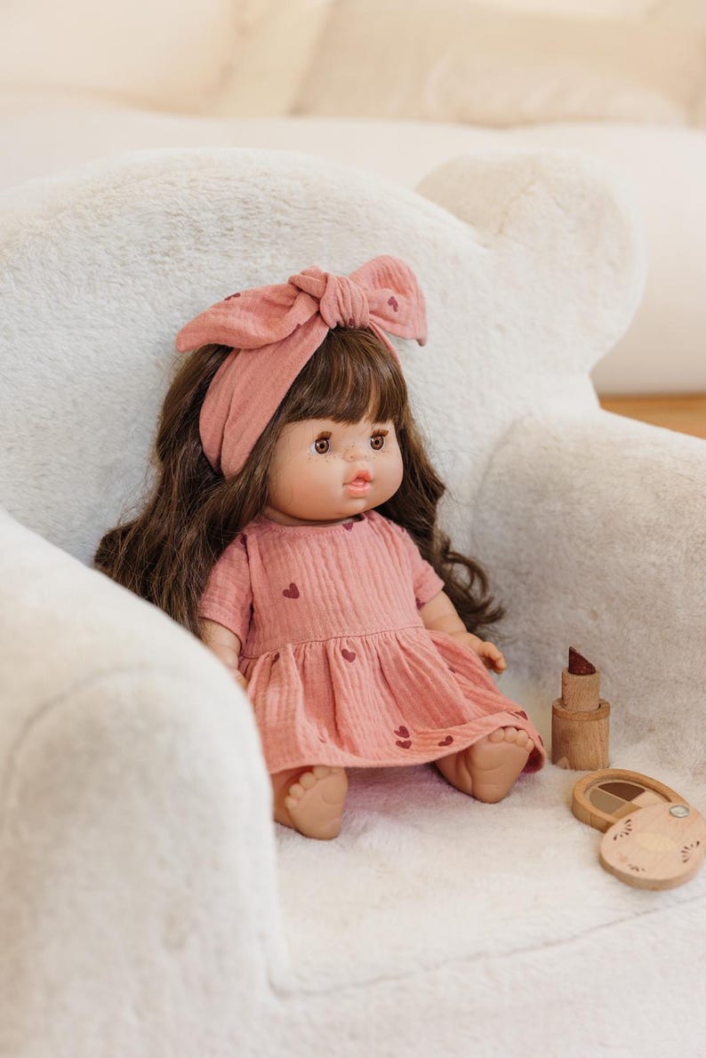 Paola Reina clothes for Minikane Gordis doll, marsala pink muslin dress with hearts image 5