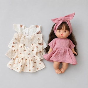 Paola Reina dress for Minikane Gordis doll, beige muslin with brown hearts print