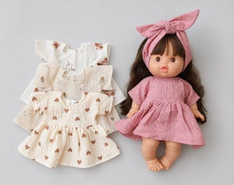 Paola Reina dress for Minikane Gordis doll, beige muslin with brown hearts print
