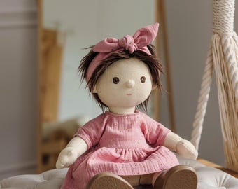 Dinkum Doll Dress: Pink Muslin with Gold Dots, Boho Doll Clothes