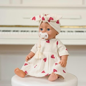 Red Hearts Doll Dress for Baby Born 43cm - Linen Look Cotton
