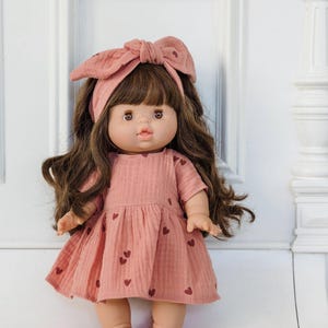 Paola Reina clothes for Minikane Gordis doll, marsala pink muslin dress with hearts image 2