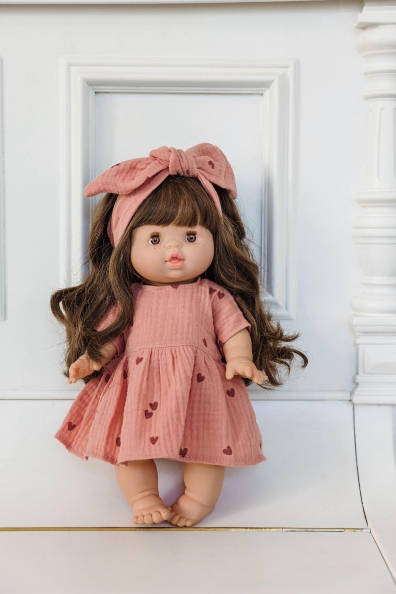Paola Reina clothes for Minikane Gordis doll, marsala pink muslin dress with hearts image 2