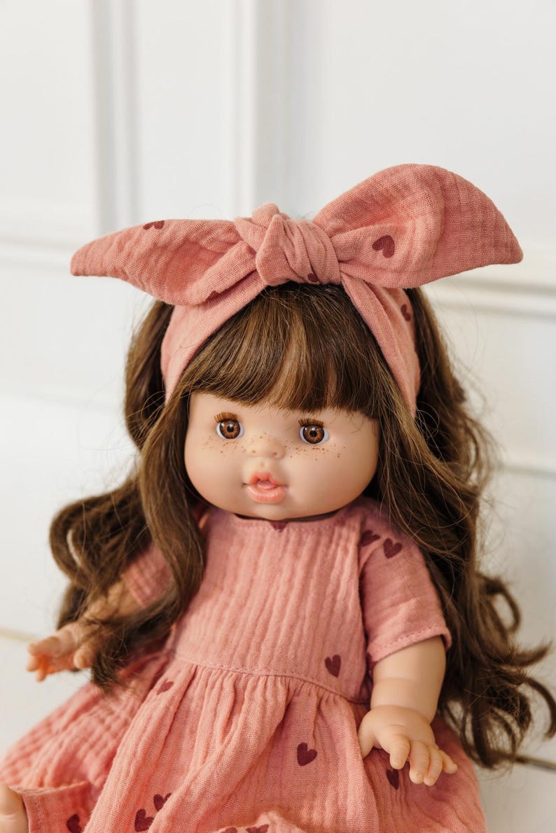 Paola Reina clothes for Minikane Gordis doll, marsala pink muslin dress with hearts image 3
